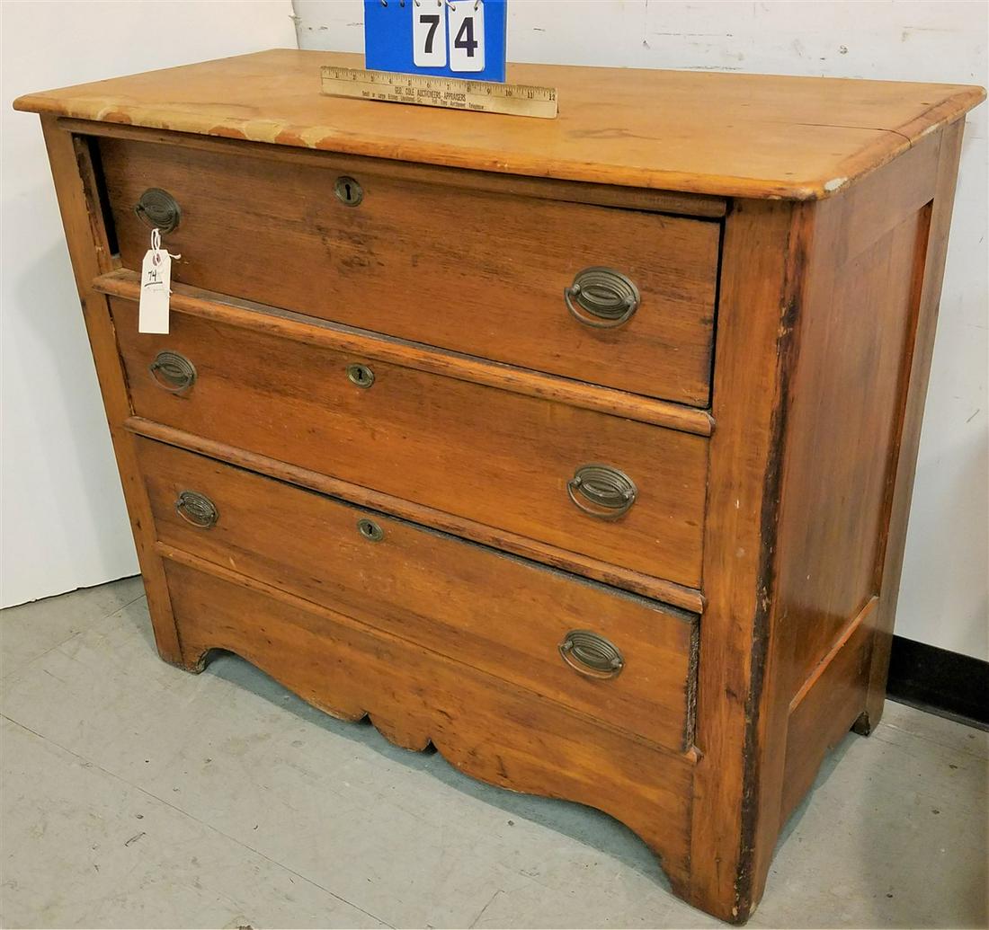 19th c. PINE 3 DRAWER CHEST, 32:H X 38.5"W X 17.75"D (1 of 2)