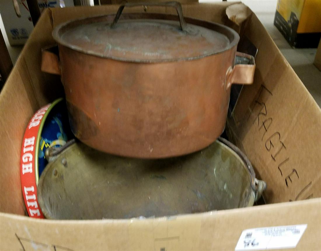 BOX COPPER COVERED POT, 8"H X 12" DIAM., BRASS PAIL, (1 of 3)