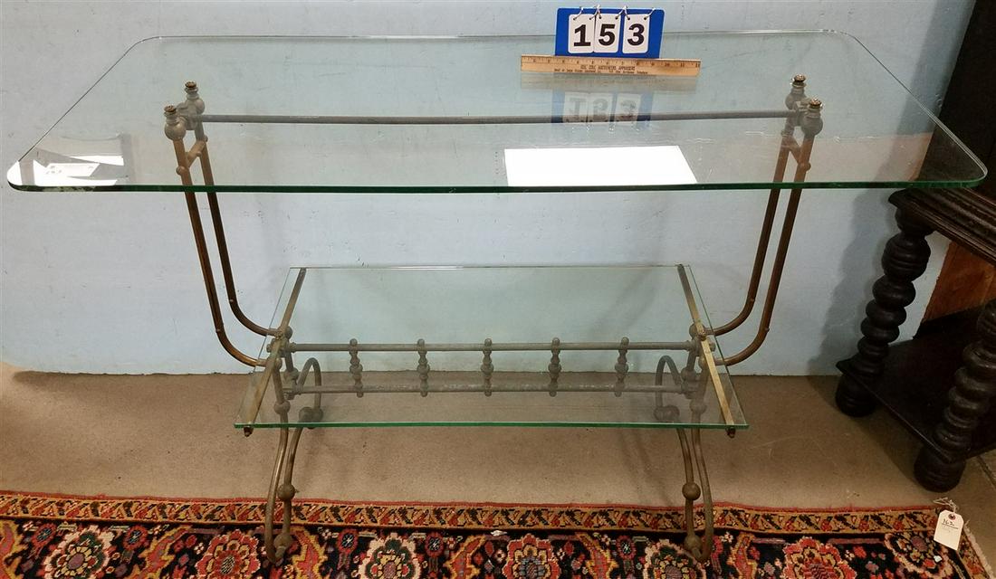 BRASS FRAME GLASS TOP 2 TIER STAND, 37.25"H X 54"H X (1 of 1)