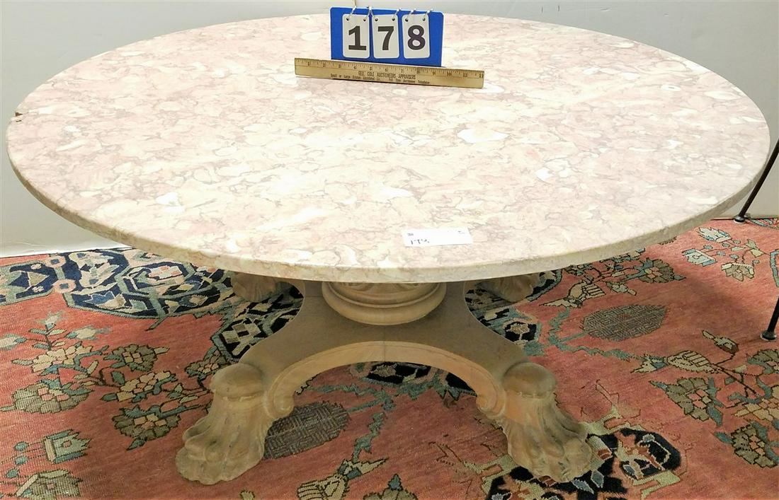 OAK PED. BASE MARBLE TOP COFFEE TABLE, 18"H X 42.5" (1 of 4)
