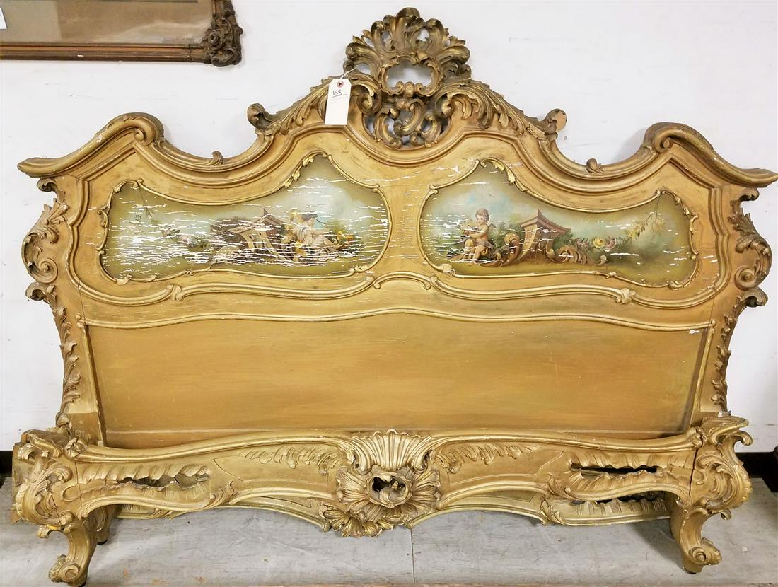 c.1890 ROCOCO STYLE GILT WOOD QUEEN SIZE BED W. PTD. (1 of 2)