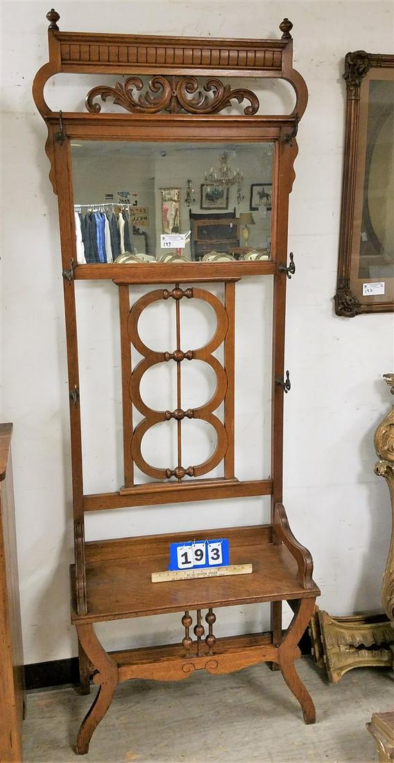 OAK HALL STAND, 80"H X 28"W X 12.5"D (1 of 3)