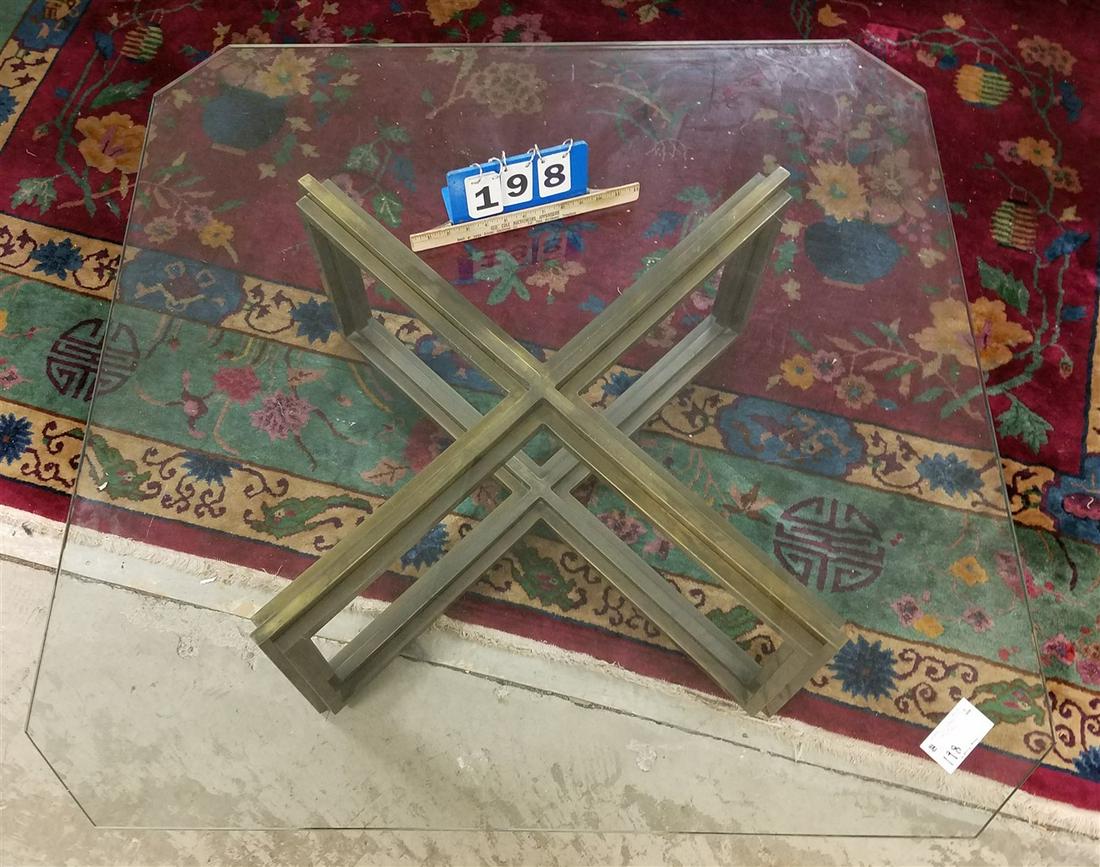 BRONZE BASE GLASS TOP COFFE TABLE, 15"H X 42" SQ. (1 of 4)