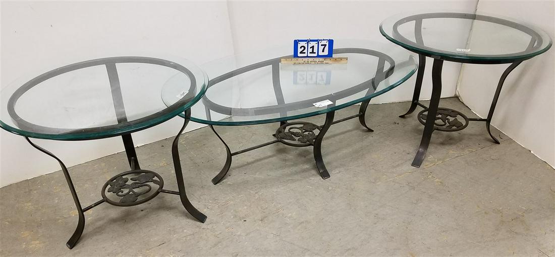 3 PC WROUGHT BASE BEVELED GLASS TOP COFFEE TABLE, 17"H (1 of 3)