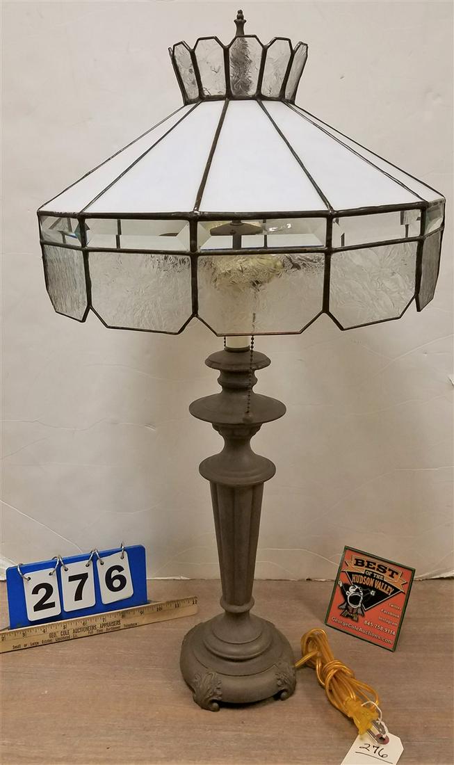 CONTEMP. METAL BASE TABLE LAMP W/ LEADED GLASS SHADE, (1 of 3)