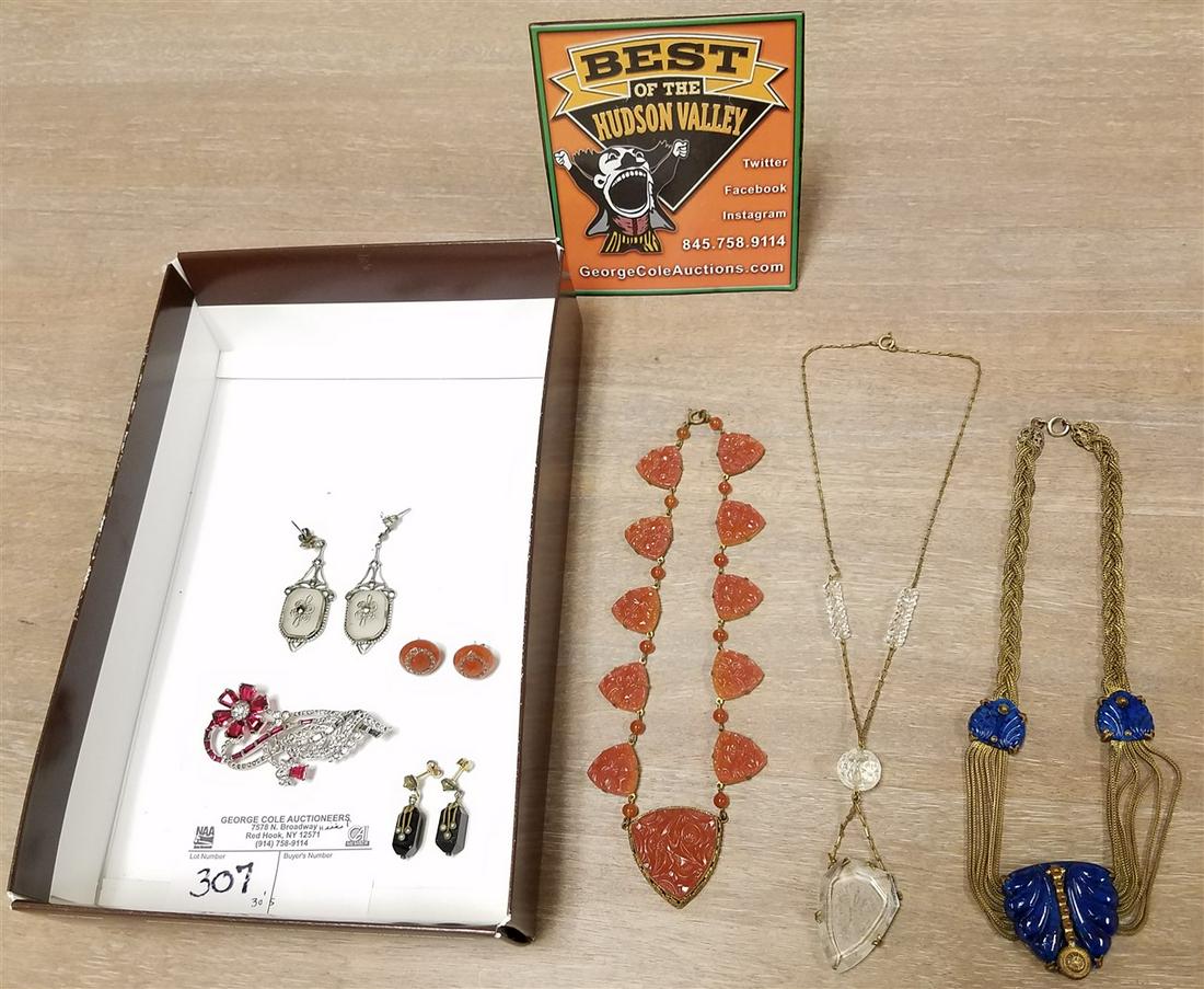 LOT 30"S JEWELRY-3 NECKLACES, 3PR. EARRINGS, PIN (1 of 1)