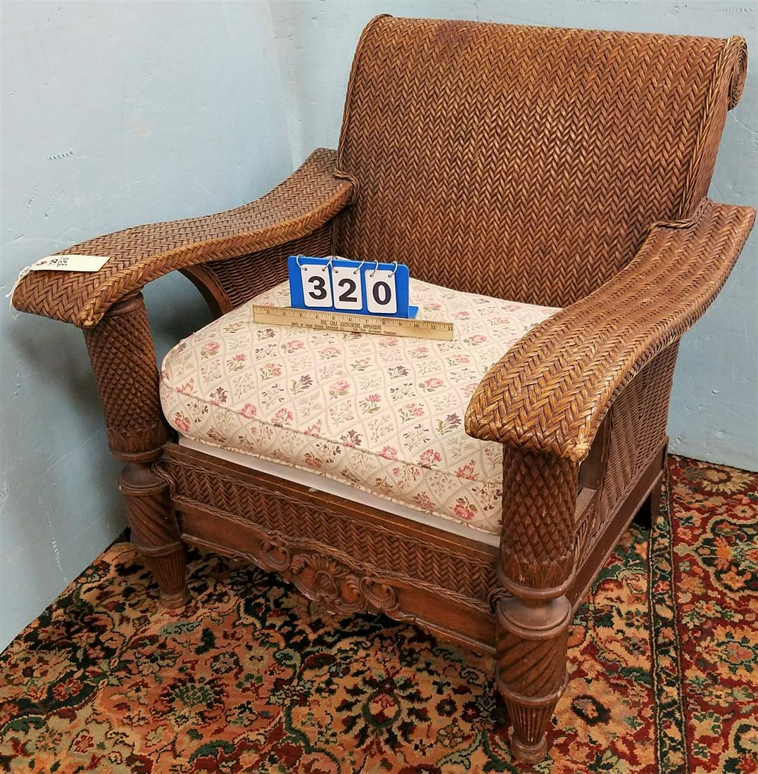 WOVEN WICKER ARMCHAIR W/ CARVED WOOD FRAME: WOVEN WICKER ARMCHAIR W/ CARVED WOOD FRAME