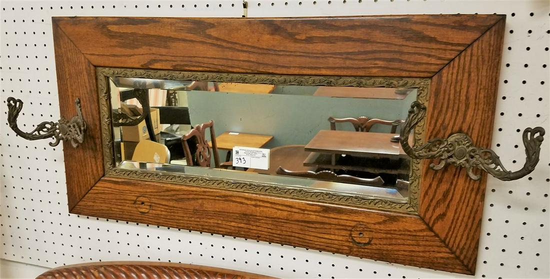 OAK FRAMED BEVELLED MIRROR W/ COAT HOOKS, 16.5" X 32.5" (1 of 2)