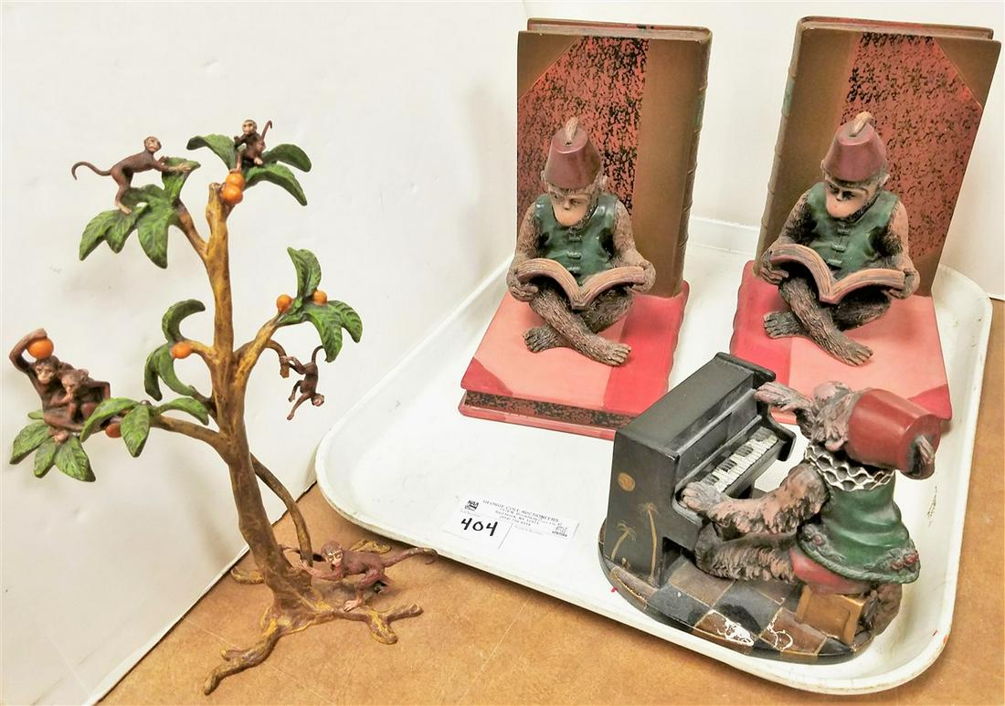 TRAY DEZINE MONKEY BOOK ENDS, BRONZE COLD PTD. TREE W/ (1 of 2)