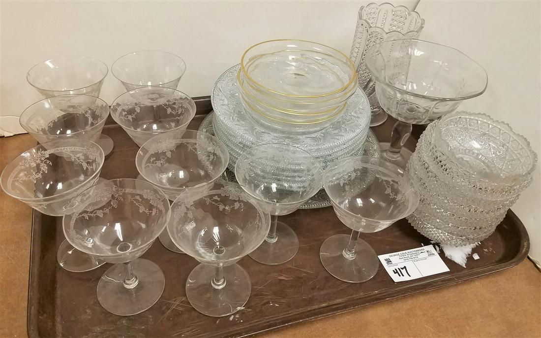 TRAY STEMWARE PRESSED GLASS PLATES + BOWLS, ETC. (1 of 2)