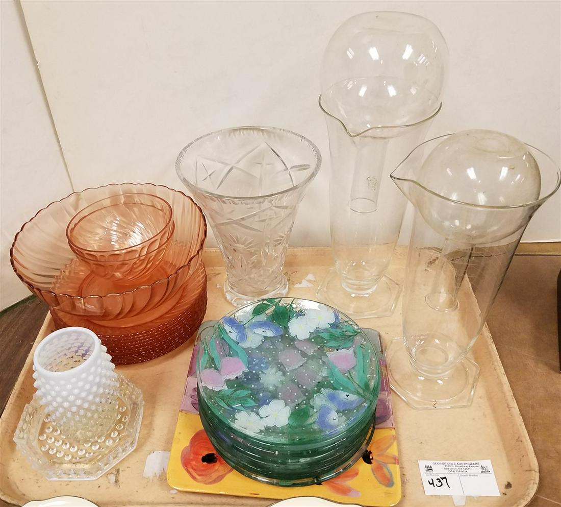 TRAY GLASSWARE-PINK DEPRESSION CUT VASE, BEAKERS, 12 (1 of 1)