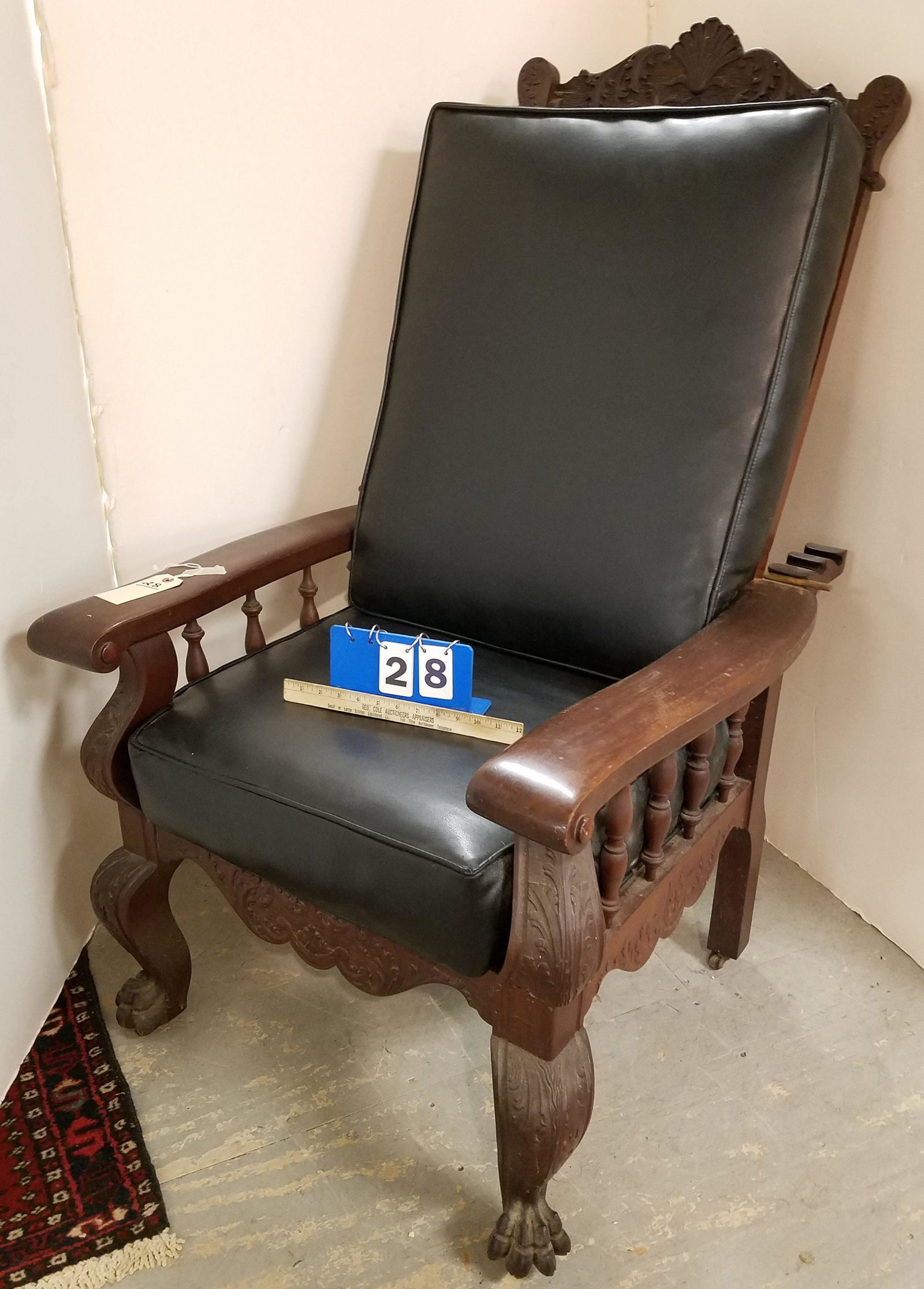 C 1915 CARVED MAHOG RECLINER: C 1915 CARVED MAHOG RECLINER