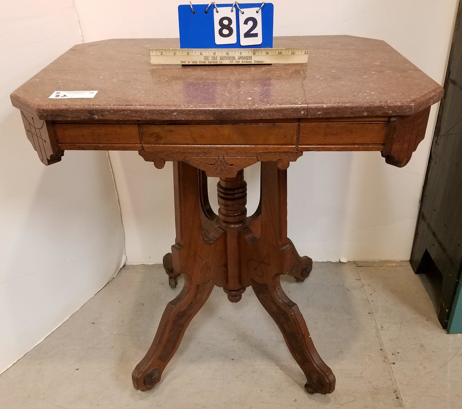 VICT WALNUT MARBLE TOP TABLE 29"H X 28 1/2"W X 20"D: VICT WALNUT MARBLE TOP TABLE 29"H X 28 1/2"W X 20"D