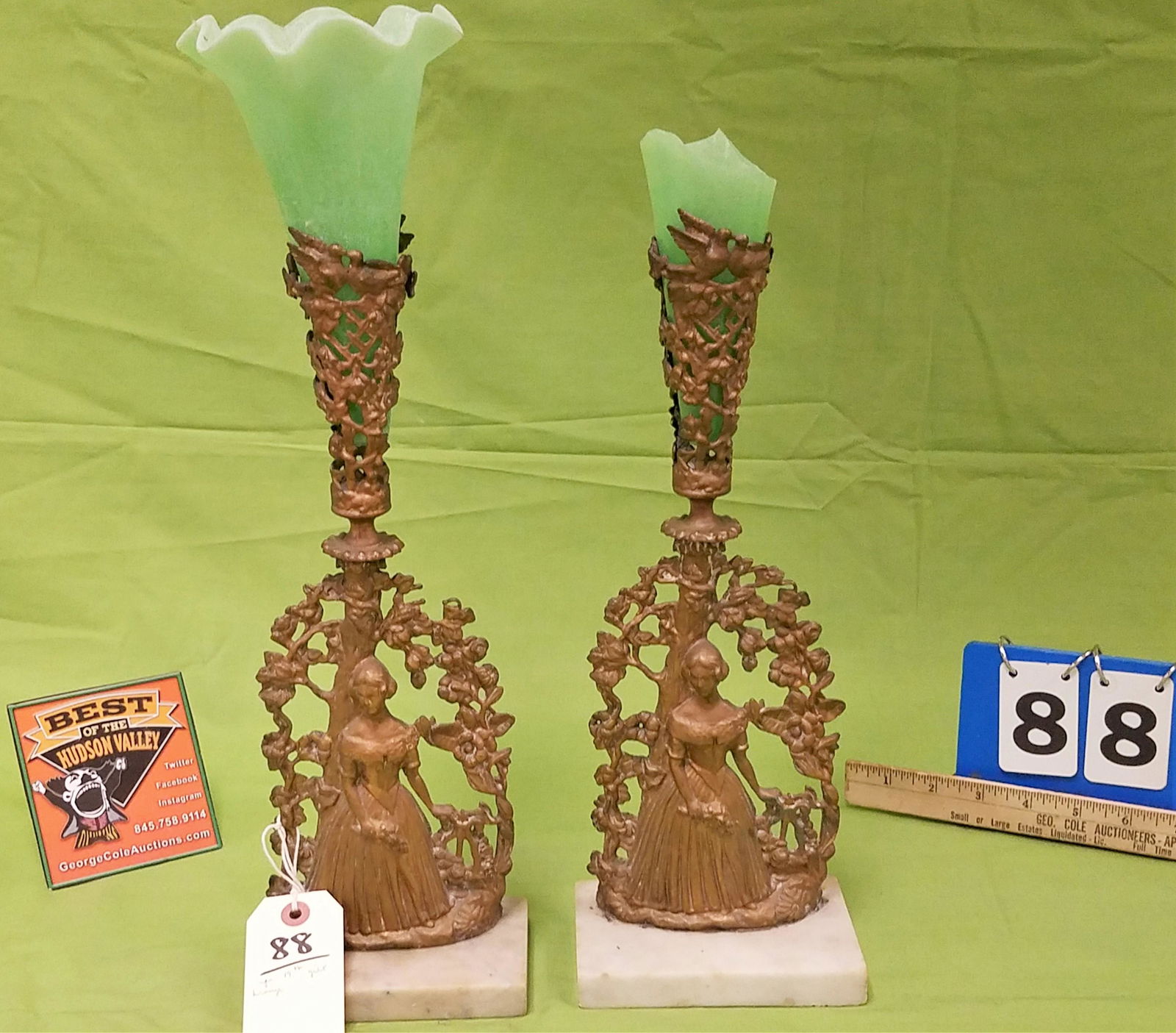 PR 19TH C GILT BRONZE GARNITURES W/ GREEN GLASS VASE (1 of 1)