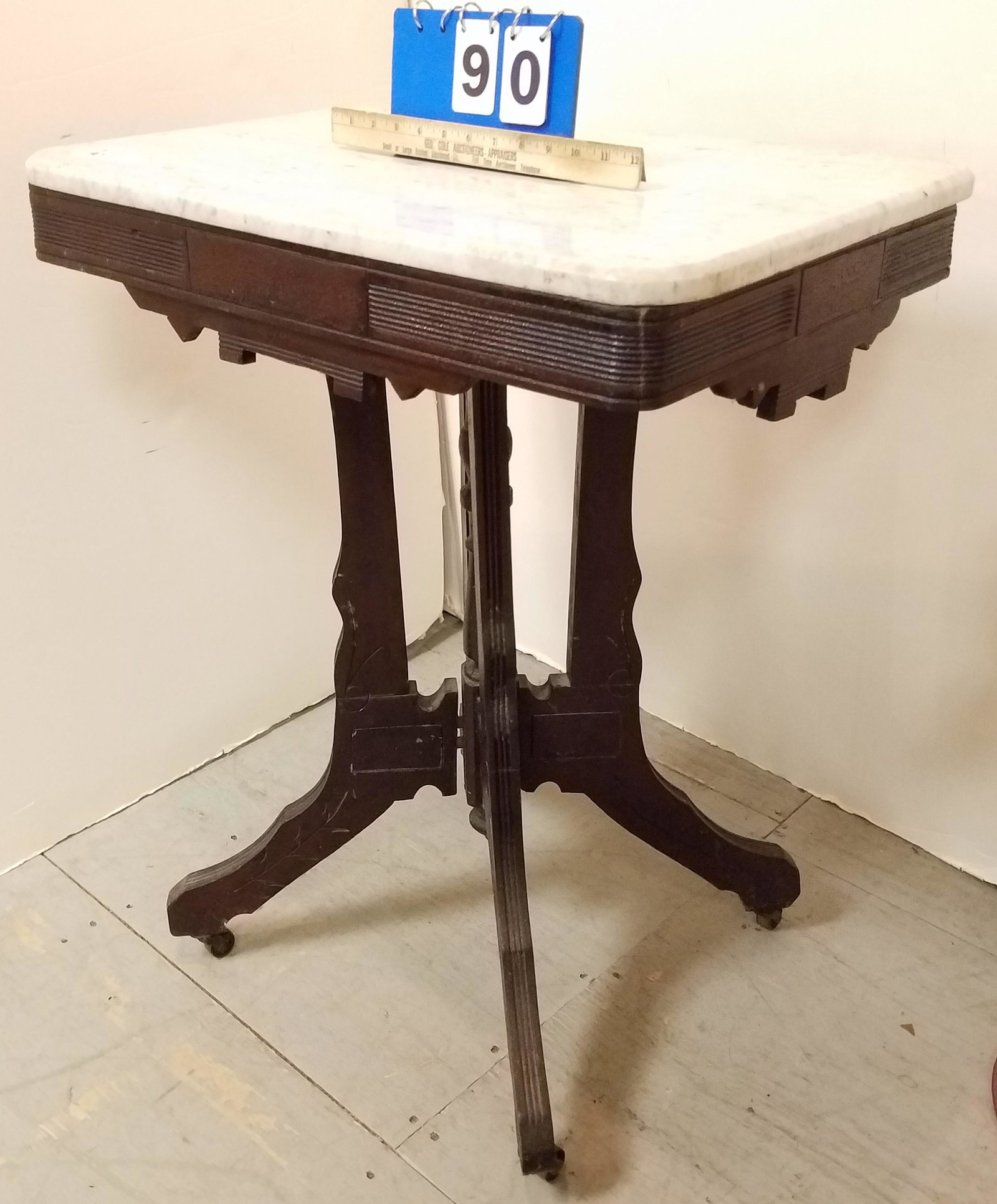 VICT WALNUT MARBLE TOP TABLE 30"H X 25"W X 16 3/4"D: VICT WALNUT MARBLE TOP TABLE 30"H X 25"W X 16 3/4"D