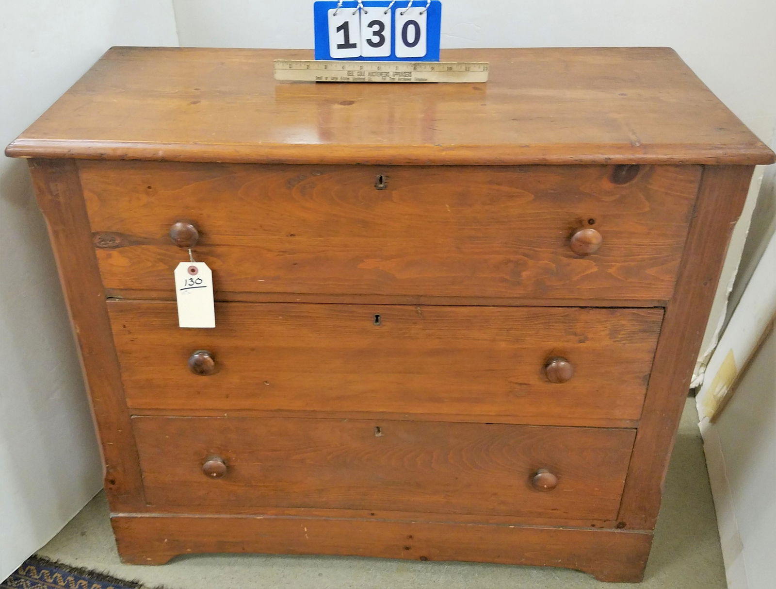 19TH C PINE 3 DRAWER CHEST 30 1/2"H X 36"W X 16 1/2"D (1 of 2)