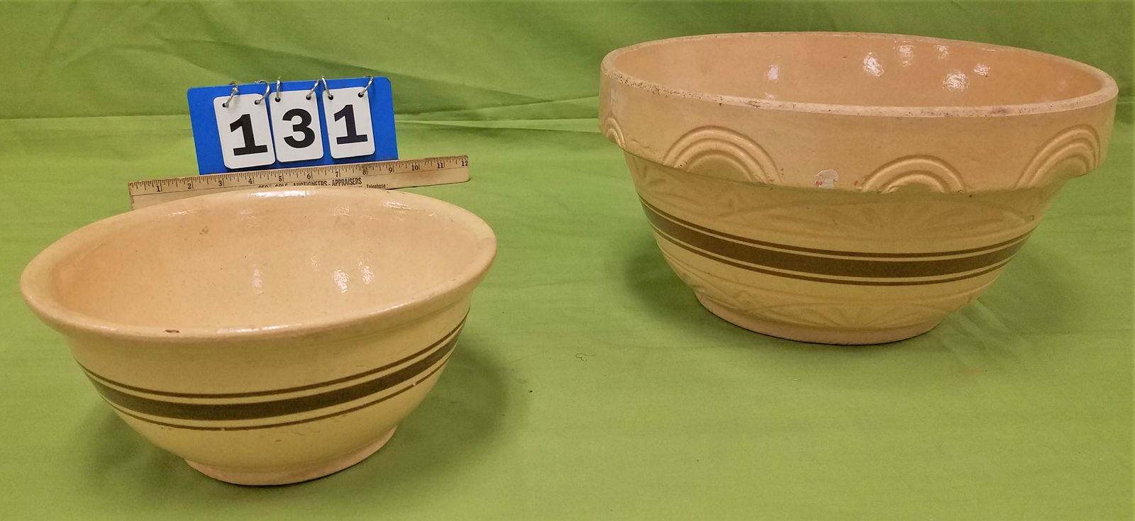 2 YELLOW WARE BOWLS 6 1/2"H X 12" DIAM X 4"H X 8 1/2" (1 of 3)