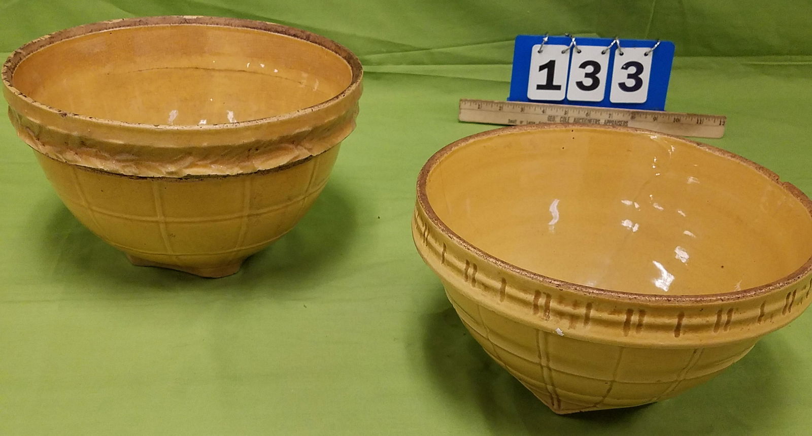2 YELLOWWARE BOWLS 7"H X 11" DIAM AND 6"H X 10 1/4" (1 of 5)