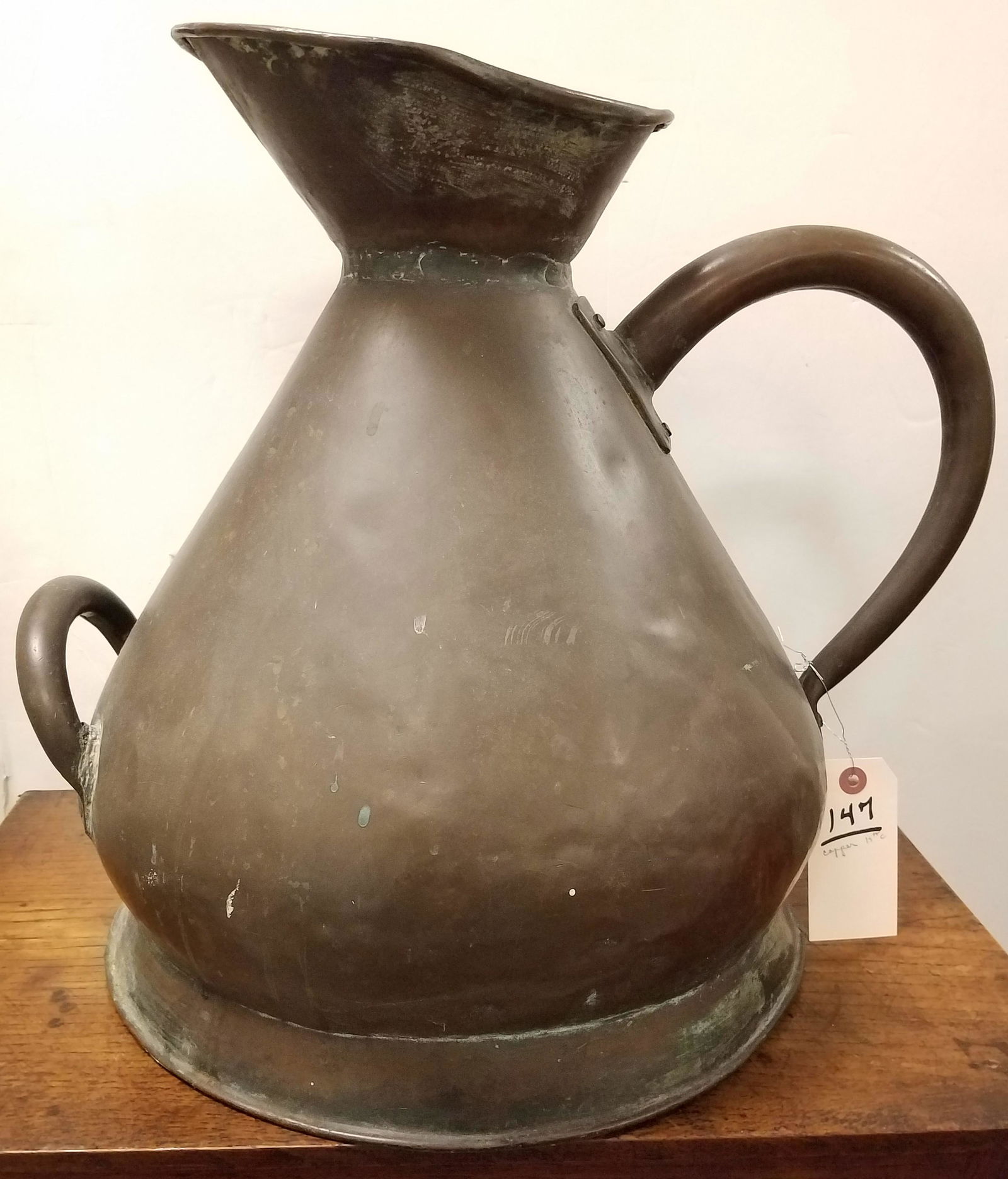 LG 19TH C COPPER PITCHER 16 1/2"H X 14 1/4" DIAM (1 of 4)