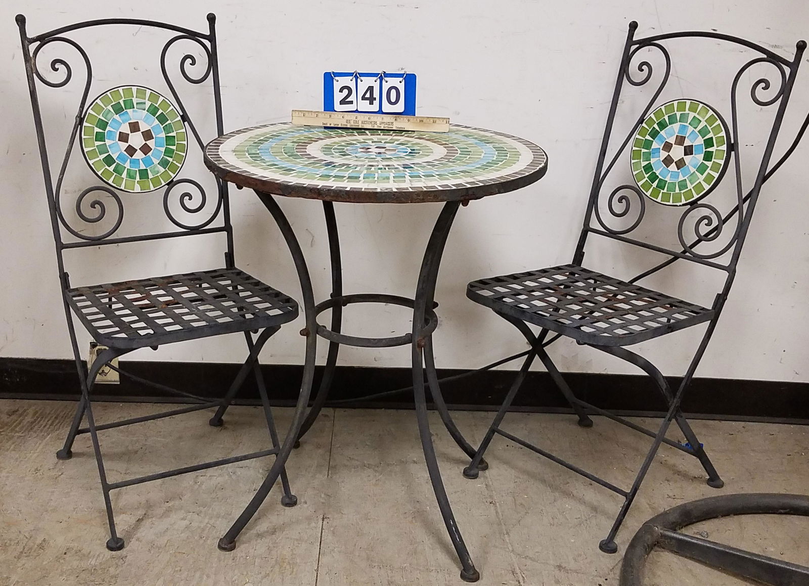 3 PC WROUGHT PATIO SET- 2' DIAM TABLE W/ MOSAIC TOP W/ (1 of 2)