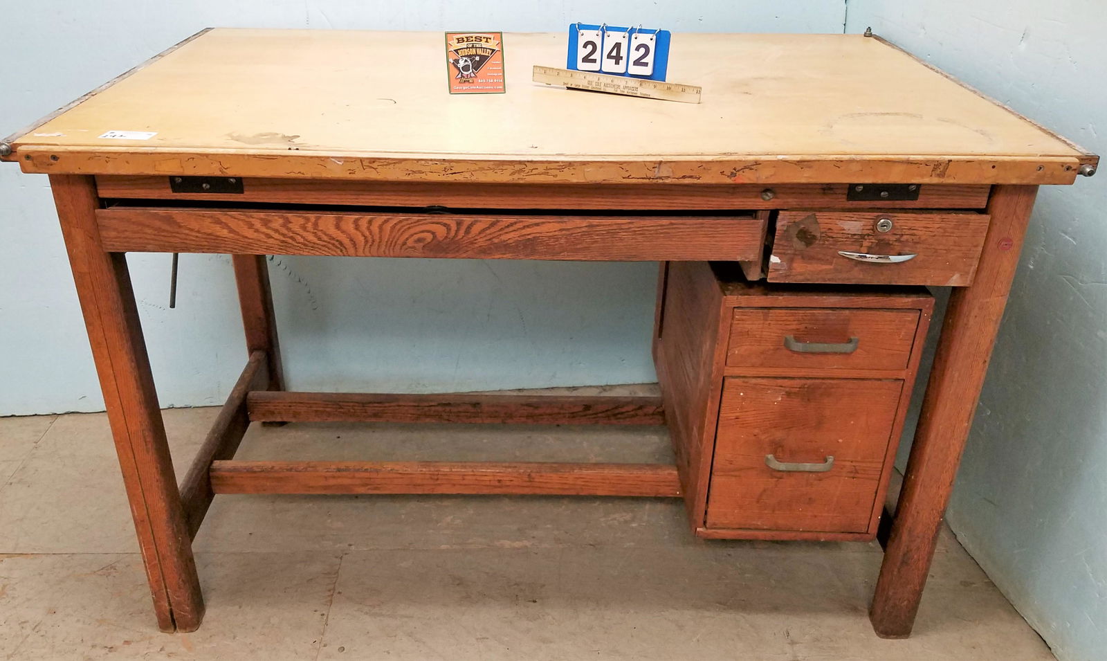 OAK DRAFTING TABLE 37 1/2"H X 5'W X 38 1/2"D (1 of 4)
