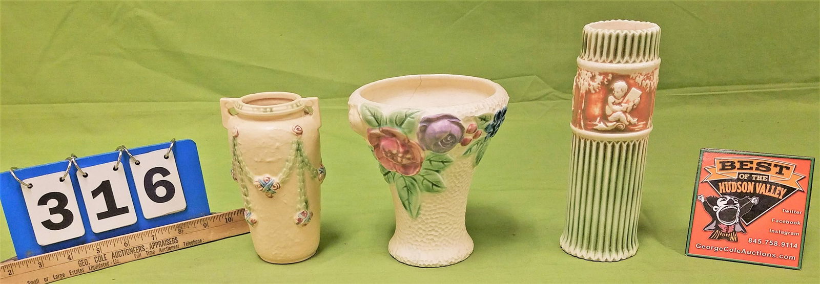 TRAY 3 PC ROSEVILLE VASES DONATELLO 8 1/4", LA ROSE 6" (1 of 3)