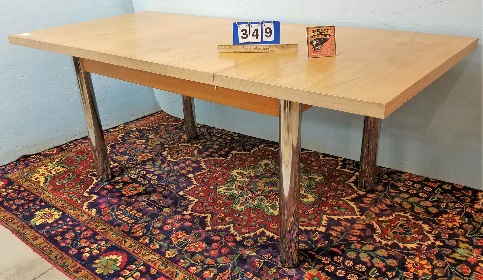 MODERN CHROME BASE OAK TOP TABLE 30"H X 76"L X 35 1/2"D (1 of 3)