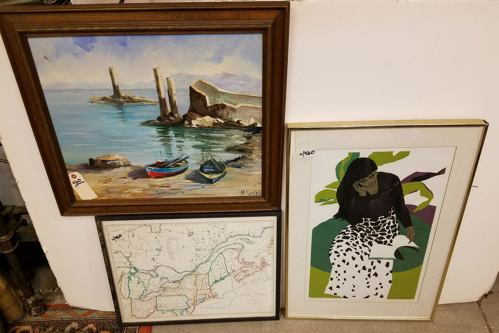 3 PC ARTWORK O/C SHORE SCENE SGND M. SANTOS 18" X 22", (1 of 7)