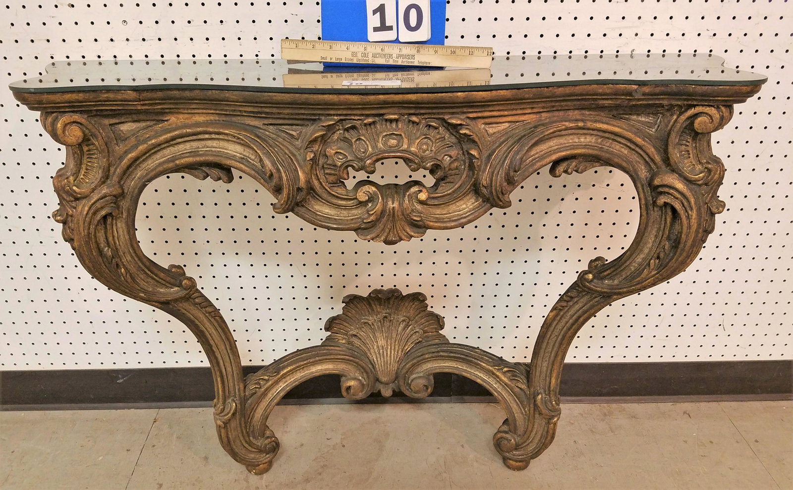 GILTWOOD CONSOLE TABLE W/ GLASS TOP 29 1/2"H X 42"W X (1 of 4)