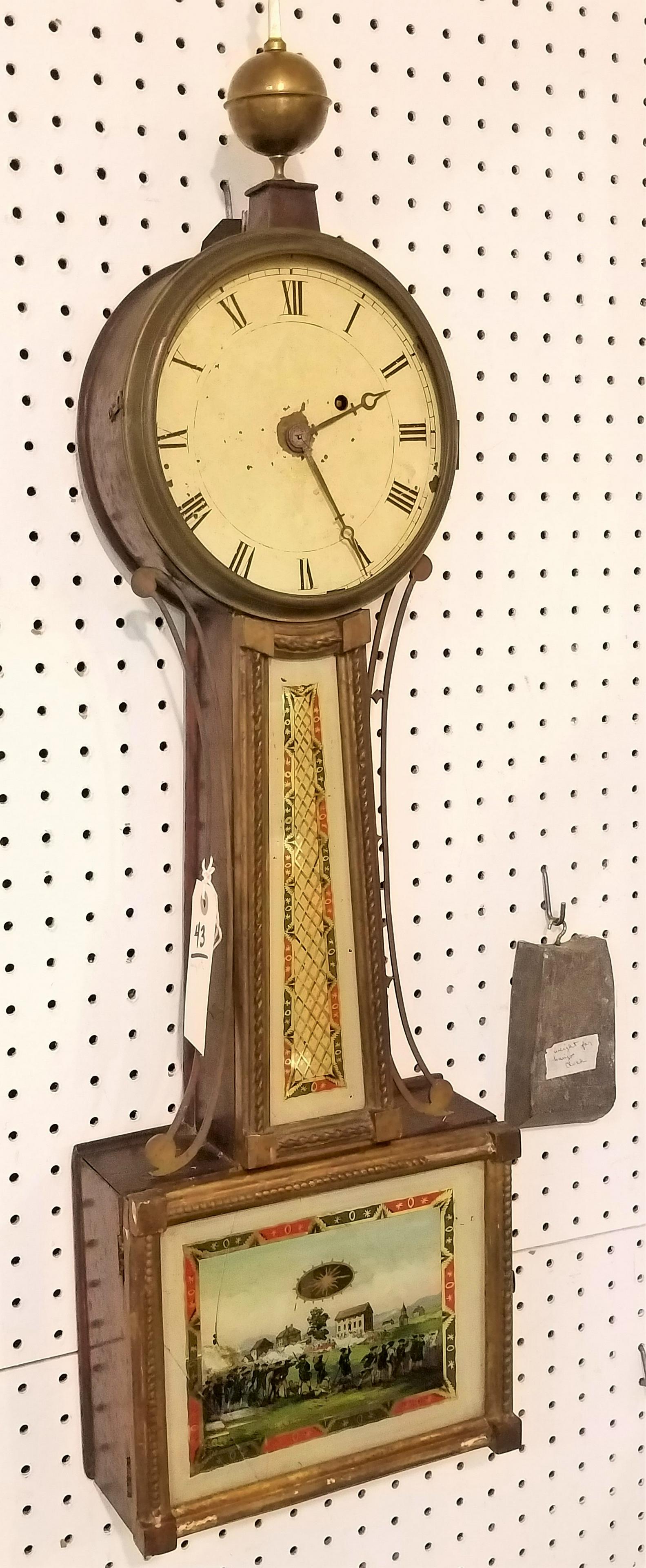 EARLY 19TH C BANJO CLOCK W/ REVERSE PTD PANEL OF BATTLE (1 of 3)