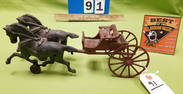 VINTAGE CAST IRON TOY HORSE AND CARRIAGE 5"H X 12"L