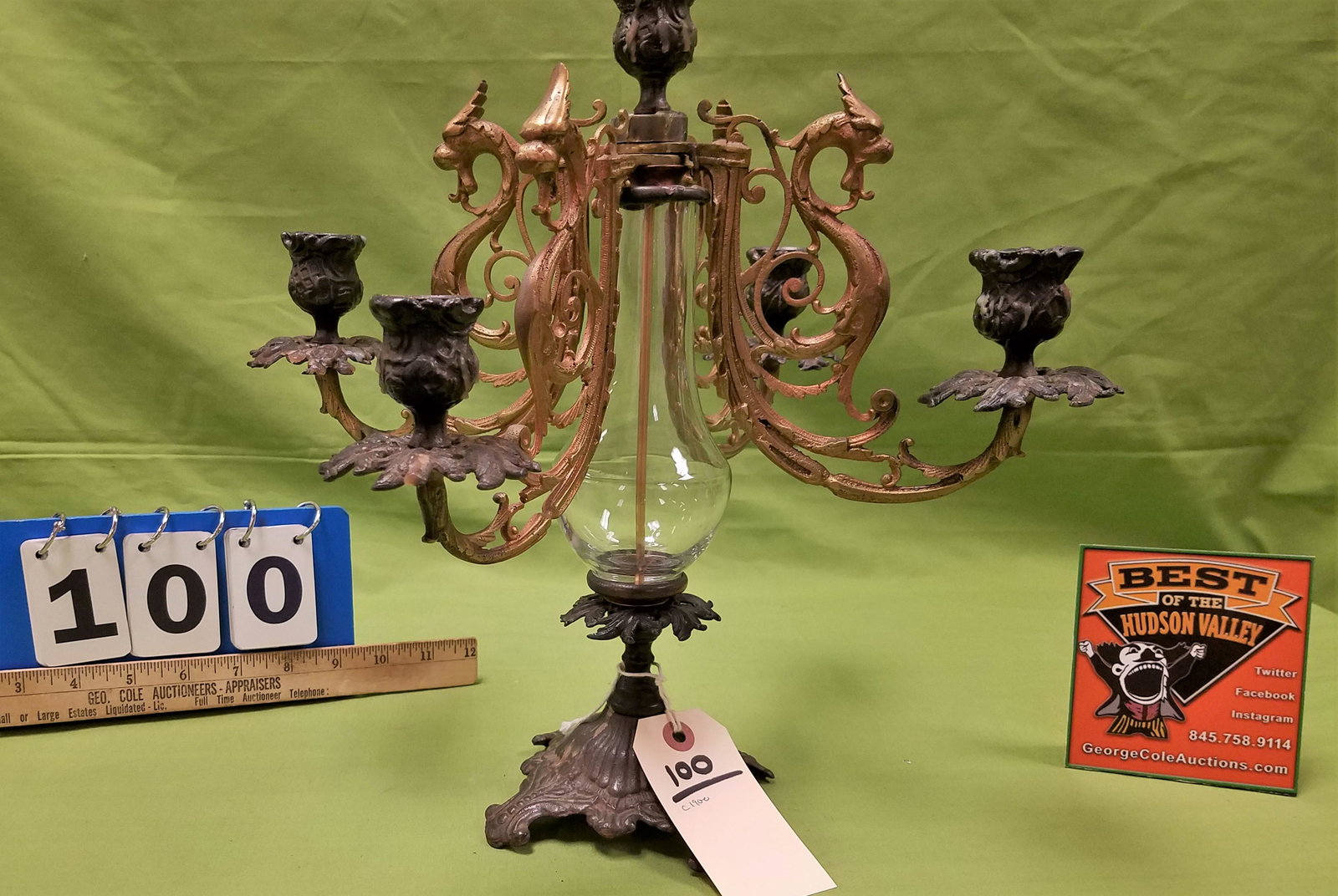 C 1900 CAST IRON, BRASS AND GLASS CANDELABRA 13" (1 of 3)