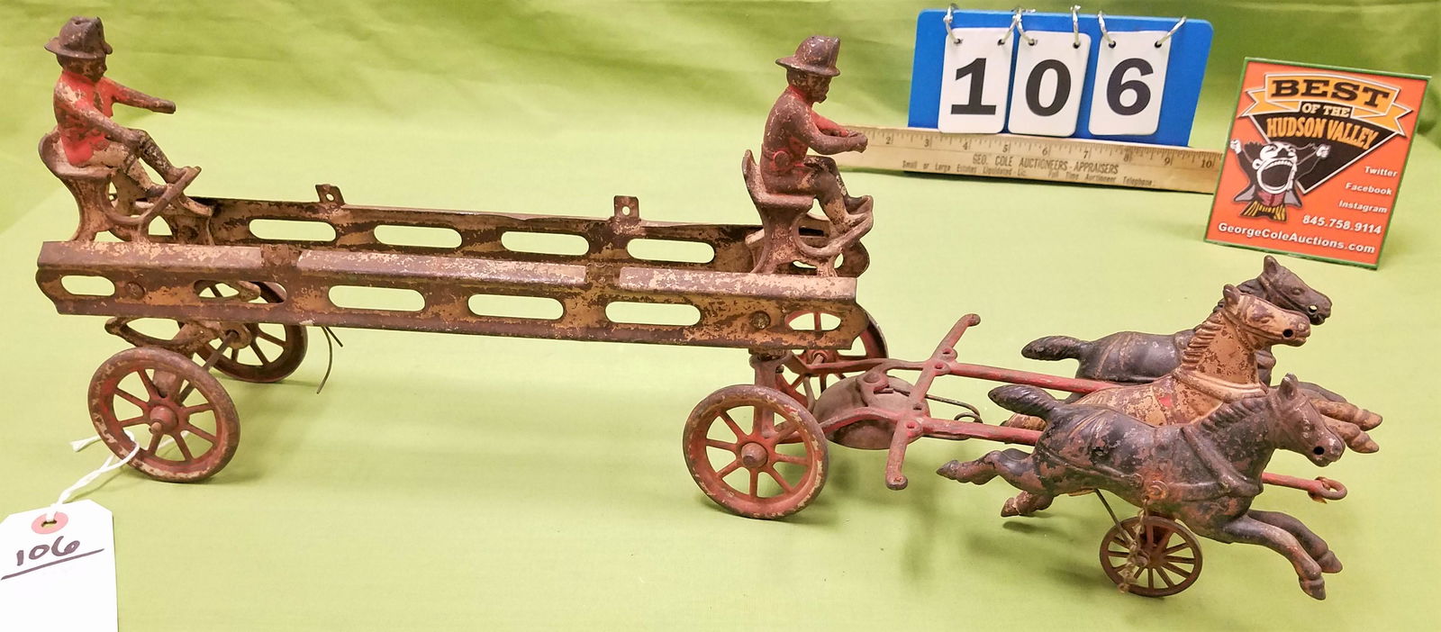 VINTAGE HORSE DRAWN CAST IRON AND METAL TOY FIRE WAGON (1 of 3)