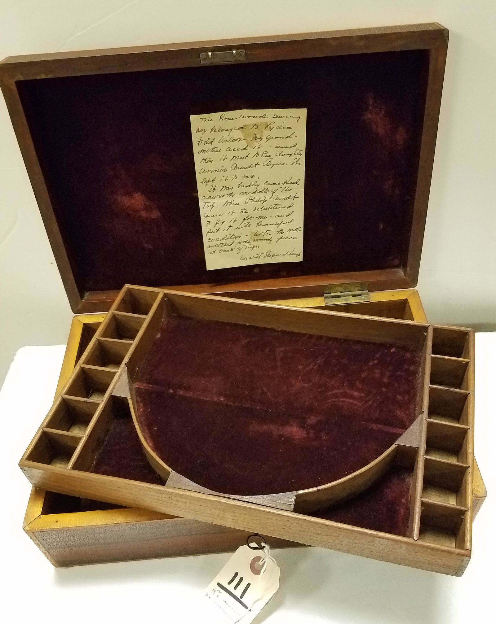 19TH C ROSEWOOD SEWING BX W/ PROVENANCE 4 1/2"H X 14: 19TH C ROSEWOOD SEWING BX W/ PROVENANCE 4 1/2"H X 14 1/2"W X 9 1/2"D
