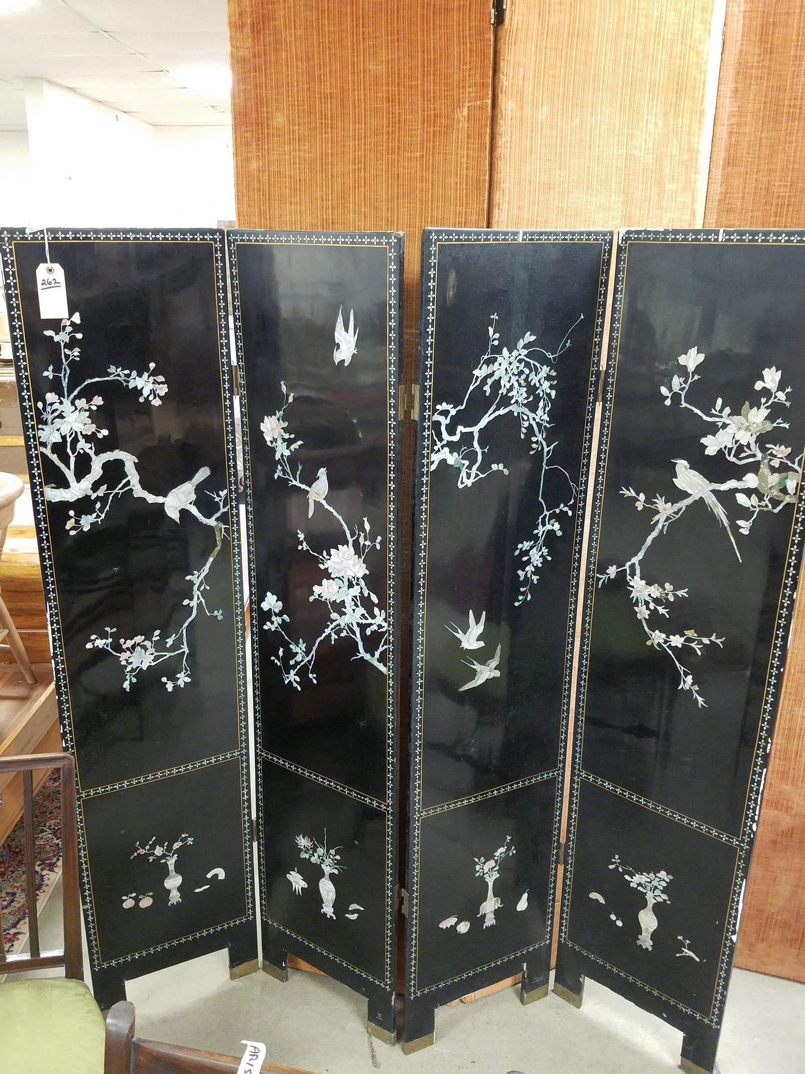 CHINESE 4 FOLD LACQUER SCREEN W/ MOP INLAY 6'H X 16" EA (1 of 4)
