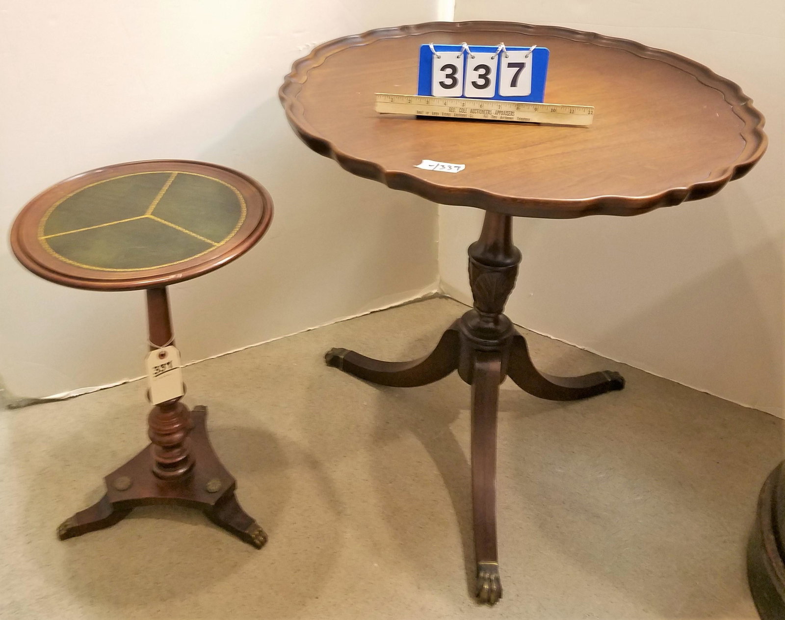 MAHOG PED BASE TABLE 28"H X 28" DIAM AND SM LEATHER TOP (1 of 3)