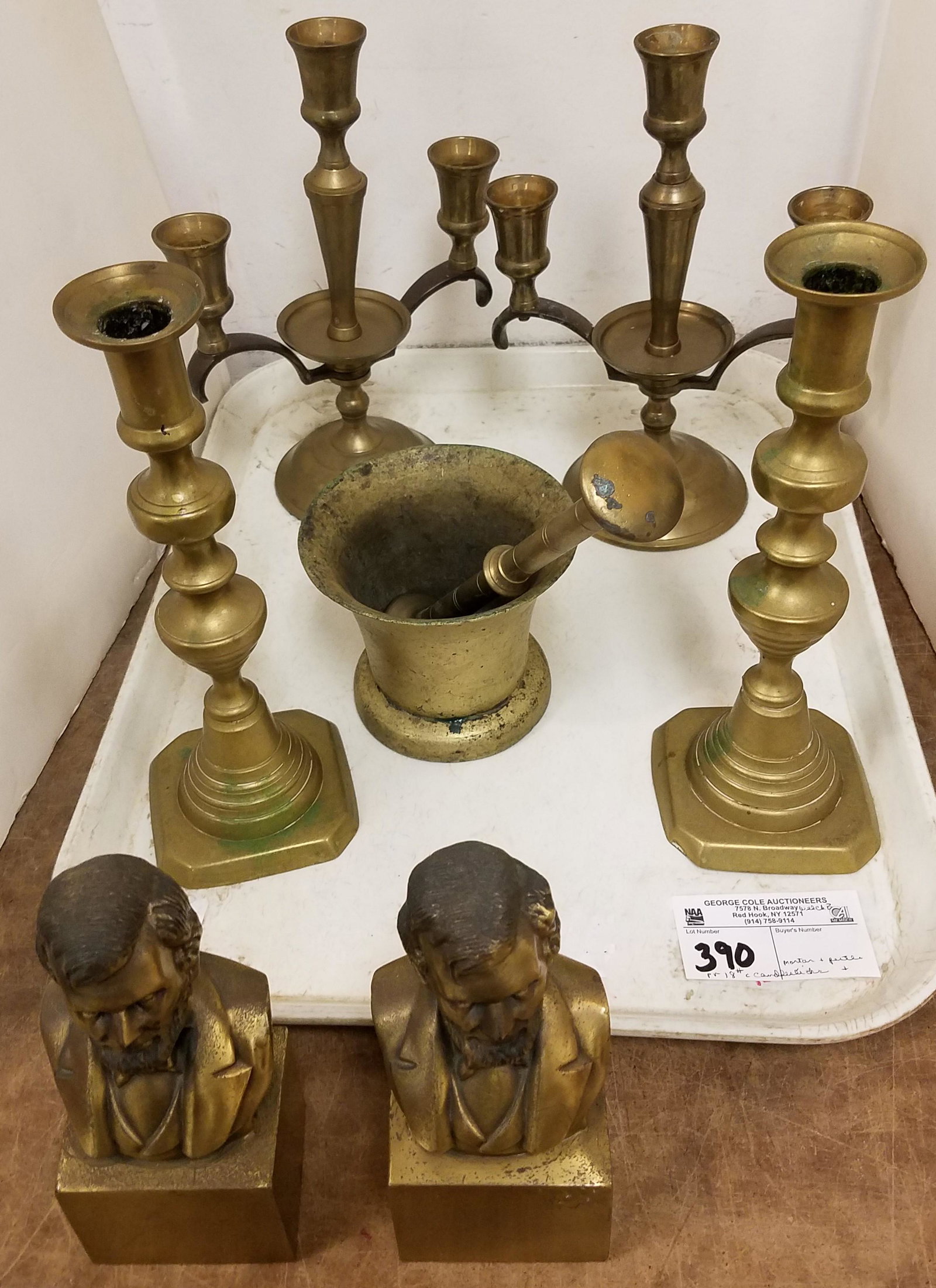 TRAY BRASS- 18TH C CANDLESTICKS AND MORTAR AND PESTLE, (1 of 4)