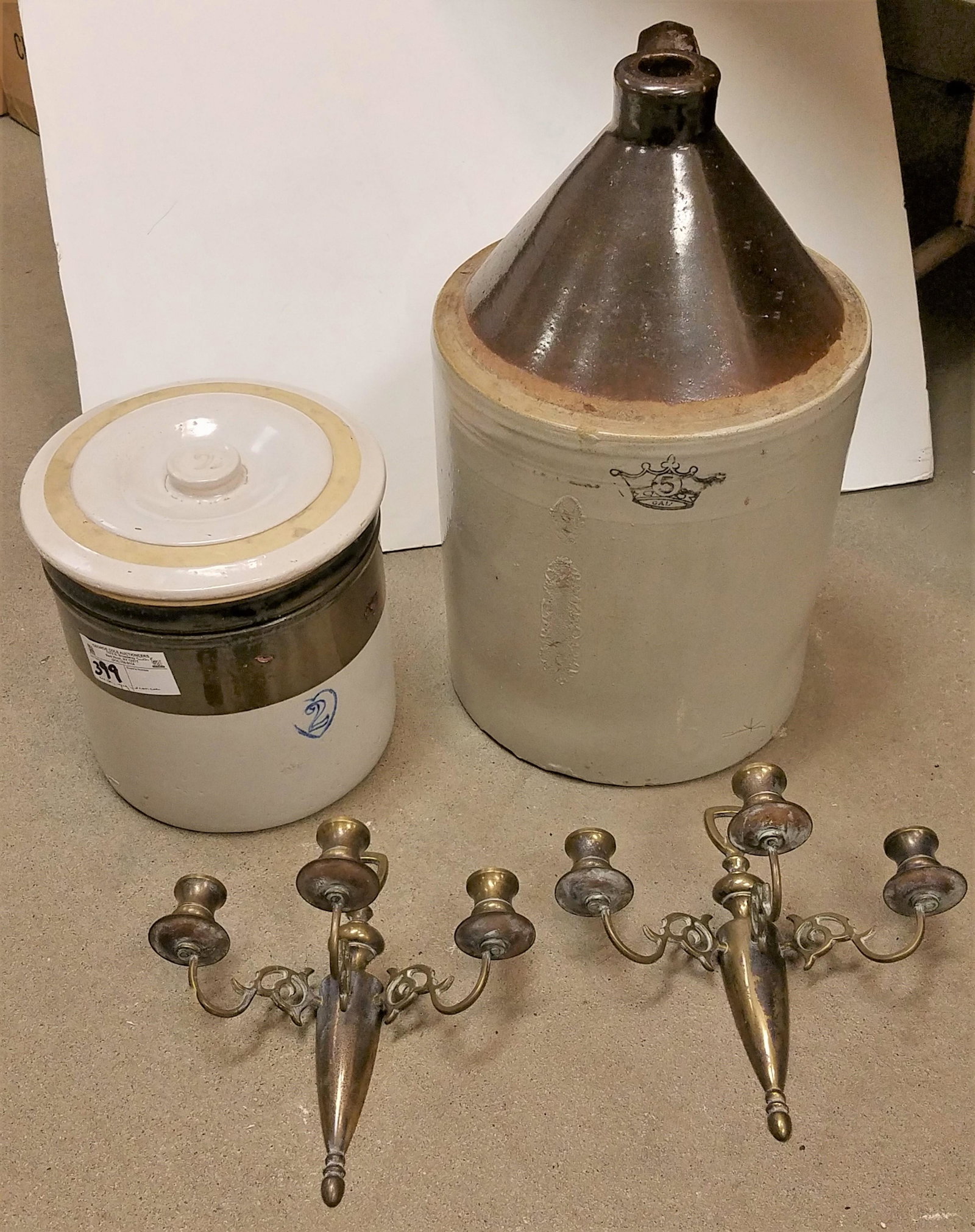 5 GAL JUG AND 2 GAL CROCK W/ PR BRASS CANDLE SCONCES (1 of 3)
