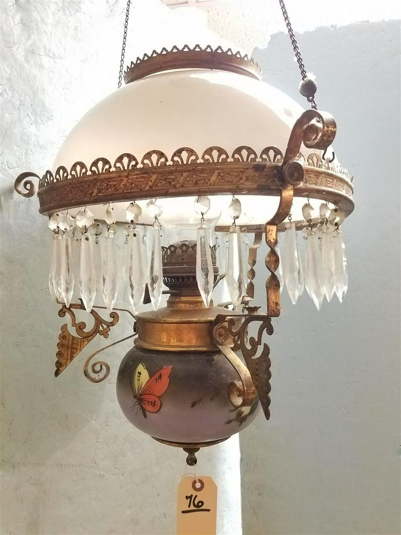 VICT. BRASS CHANDELIER W/ ENAMELED MILK GLASS FONT & (1 of 2)