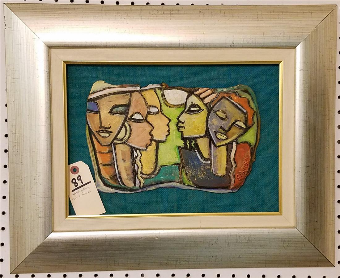 FRAMED GLAZED POTTERY PLAQUE SGND E. POWELL 7 1/2" X 11 (1 of 2)