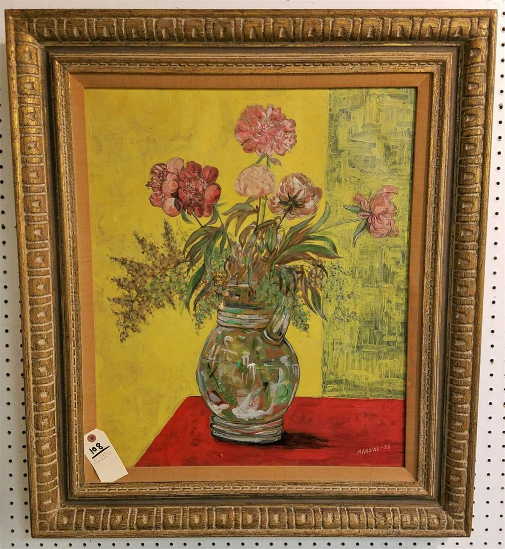 FRAMED O/C FLORAL STILL LIFE SGND MARCIAL '55 26 1/2" X (1 of 2)