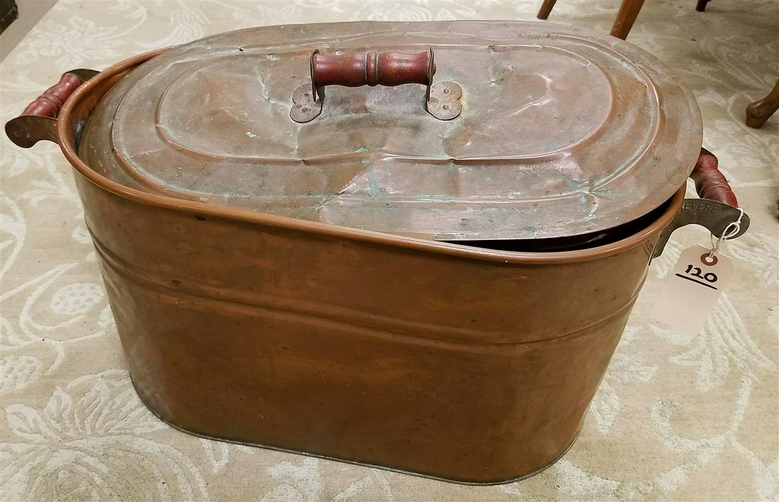 COPPER BOILER W/ COFFEE GRINDERS AND CAST IRON KETTLE (1 of 2)