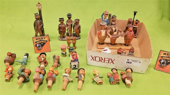 COLL 16+ GERMAN CARVED WOODEN FIGURAL BOTTLE STOPS-: COLL 16+ GERMAN CARVED WOODEN FIGURAL BOTTLE STOPS- MANY MECHANICAL +5 CARVED FIGURES W/ REMOVABLE HEADS