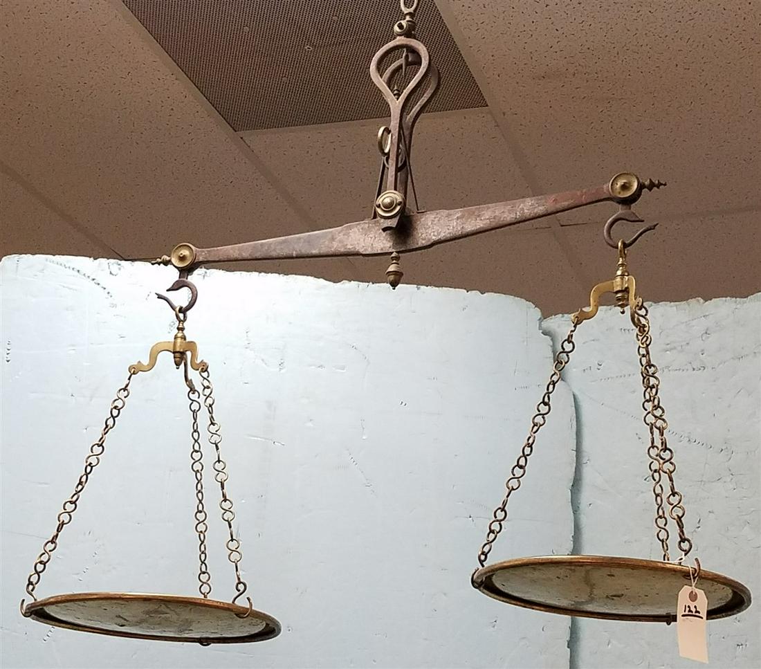 19TH C WROUGHT SCALE W/ BRASS HANGING TRAYS 42"H X 45"W (1 of 9)