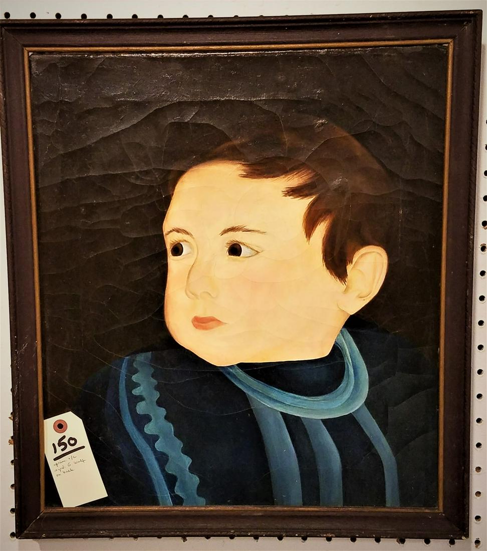 FRAMED PRIM O/C PORTRAIT OF ACHILD SGND ON BACK g. wOLF (1 of 4)