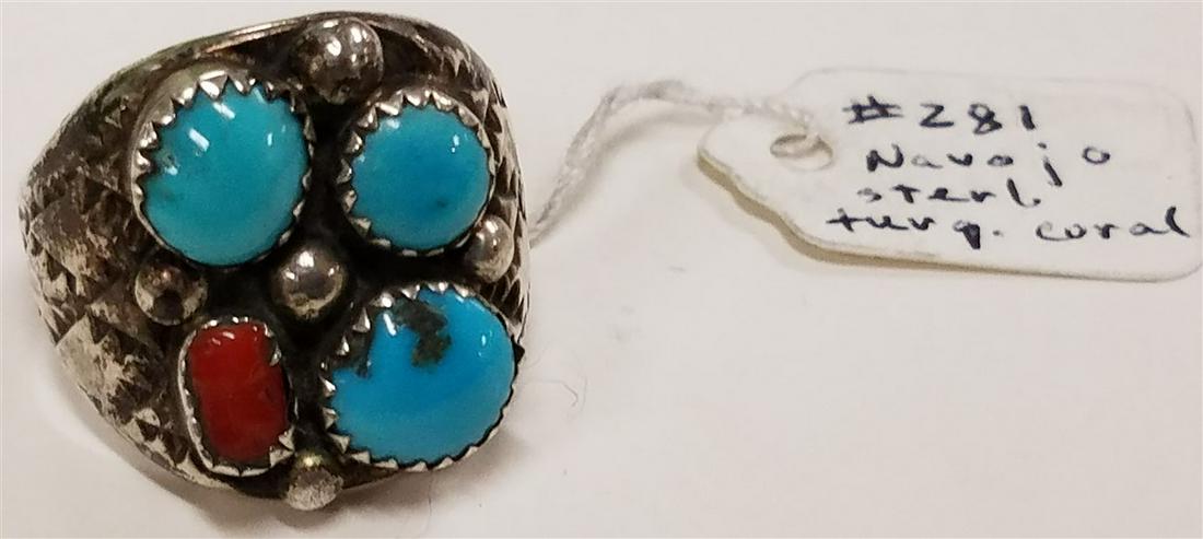NAVAJO STERL RING W/ TURQ AND CORAL (1 of 4)
