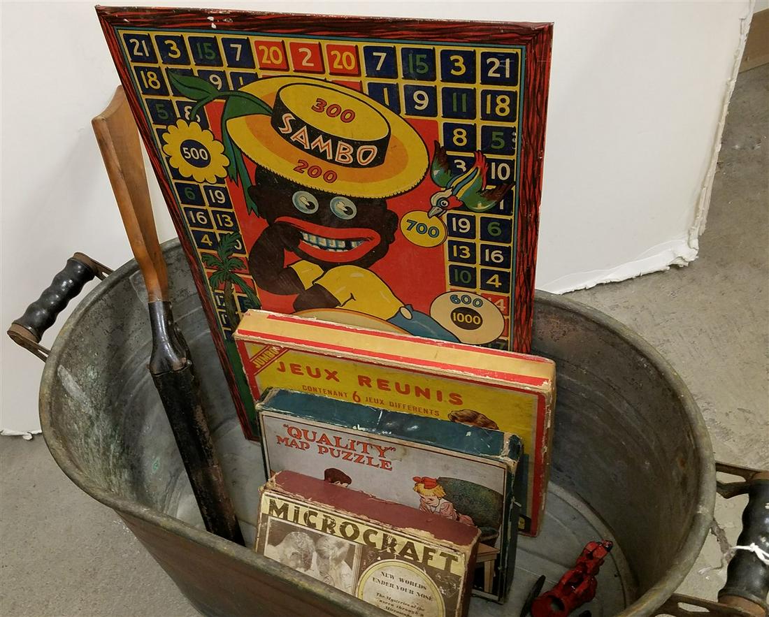 COPPER BOILER W/ VINTAGE GAMESS- WYANDOTTE SAMBO, JEUX: COPPER BOILER W/ VINTAGE GAMESS- WYANDOTTE SAMBO, JEUX REUNIS, QUALITY MAP PUZZLE MICROCRAFT ETC