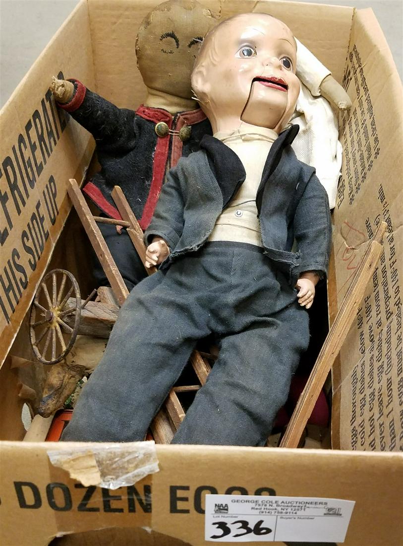 BX VINTAGE TOYS WILLIS TALK PUPPET, WOODEN BLOCKS,: BX VINTAGE TOYS WILLIS TALK PUPPET, WOODEN BLOCKS, VINTAGE DOLLS, WOODEN WAGON ETC