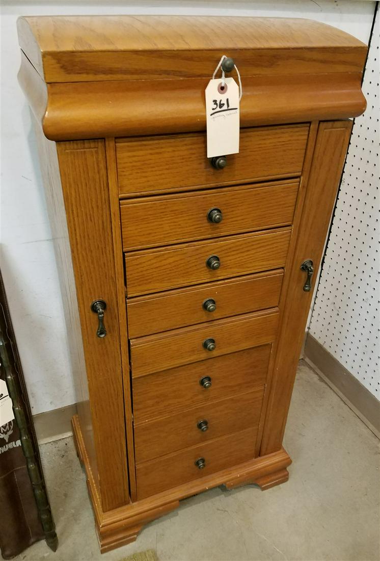 OAK JEWELRY CABINET 40 1/2"H X 18 1/2"W X 12"D: OAK JEWELRY CABINET 40 1/2"H X 18 1/2"W X 12"D