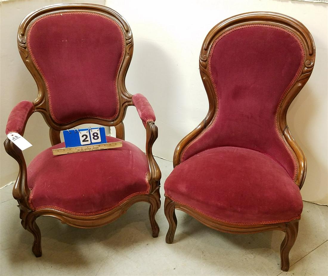 VICT WALNUT VELVET UPHOLS GENTS AND LADIES CHAIRS (1 of 3)